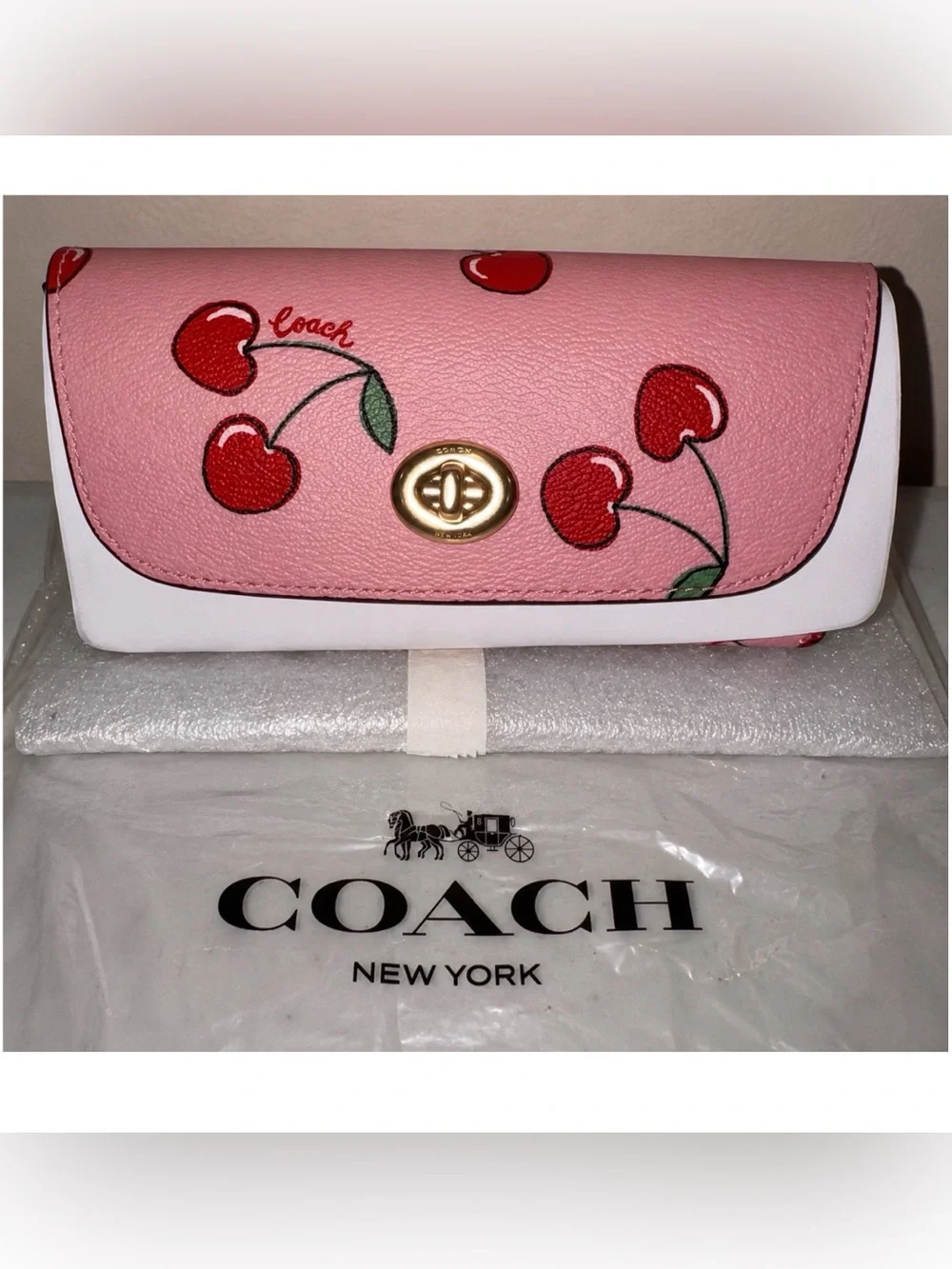 NWT Coach Cherry Print Sunglass Case Pink Red Leather Turnlock